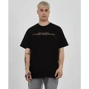 Unisex Bisiklet Yaka Baskılı Oversize T-Shirt - Siyah