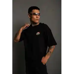 Unisex Bisiklet Yaka Baskılı Oversize T-Shirt - Siyah