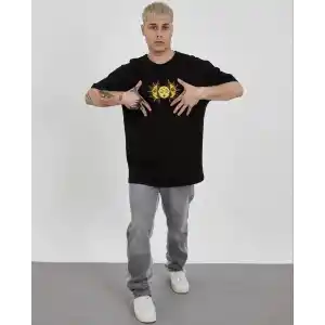 Unisex Bisiklet Yaka Baskılı Oversize T-Shirt - Siyah