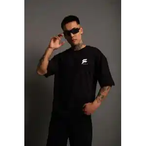 Unisex Bisiklet Yaka Baskılı Oversize T-Shirt - Siyah