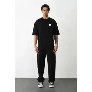 Unisex Bisiklet Yaka Baskılı Oversize T-Shirt - Siyah