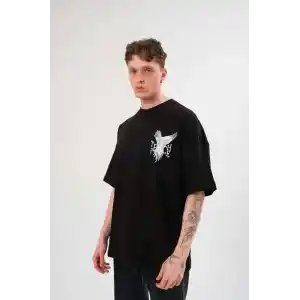 Unisex Bisiklet Yaka Baskılı Oversize T-Shirt - Siyah