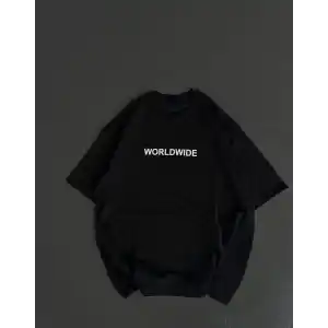 Unisex Bisiklet Yaka Baskılı Oversize T-Shirt - Siyah