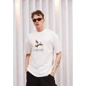 Unisex Bisiklet Yaka Baskılı Oversize T-Shirt - Siyah