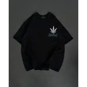 Unisex Bisiklet Yaka Baskılı Oversize T-Shirt - Siyah