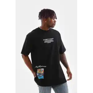 Unisex Bisiklet Yaka Baskılı Oversize T-Shirt - Siyah