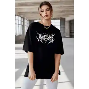 Unisex Bisiklet Yaka Baskılı Oversize T-Shirt - Siyah