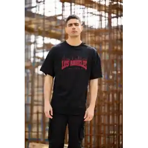 Unisex Bisiklet Yaka Baskılı Oversize T-Shirt - Siyah