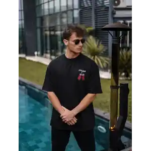 Unisex Bisiklet Yaka Baskılı Oversize T-Shirt - Siyah