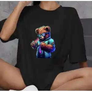 Unisex Bisiklet Yaka Baskılı Oversize T-Shirt - Siyah