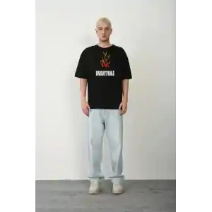 Unisex Bisiklet Yaka Baskılı Oversize T-Shirt - Siyah