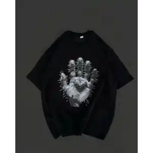 Unisex Bisiklet Yaka Baskılı Oversize T-Shirt - Siyah