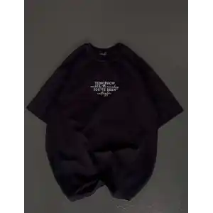 Unisex Bisiklet Yaka Baskılı Oversize T-Shirt - Siyah