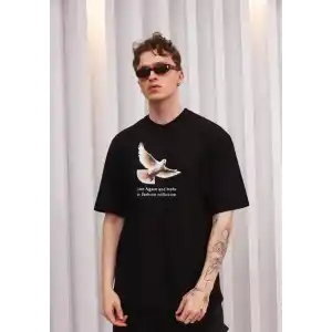 Unisex Bisiklet Yaka Baskılı Oversize T-Shirt - Siyah