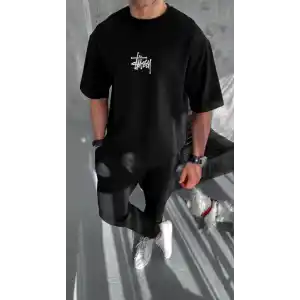 Unisex Bisiklet Yaka Baskılı Oversize T-Shirt - Siyah