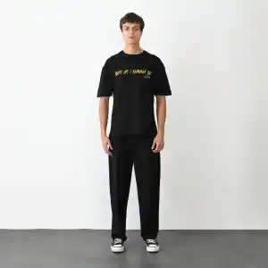 Unisex Bisiklet Yaka Baskılı Oversize T-Shirt - Siyah