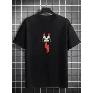 Unisex Bisiklet Yaka Baskılı Oversize T-Shirt - Siyah