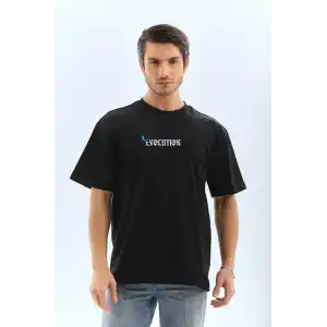 Unisex Bisiklet Yaka Baskılı Oversize T-Shirt - Siyah