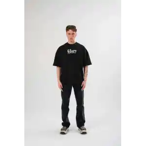 Unisex Bisiklet Yaka Baskılı Oversize T-Shirt - Siyah