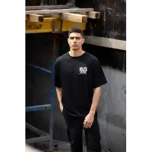 Unisex Bisiklet Yaka Baskılı Oversize T-Shirt - Siyah