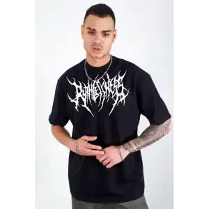 Unisex Bisiklet Yaka Baskılı Oversize T-Shirt - Siyah