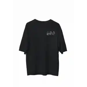Unisex Bisiklet Yaka Baskılı Oversize T-Shirt - Siyah