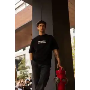 Unisex Bisiklet Yaka Baskılı Oversize T-Shirt - Siyah