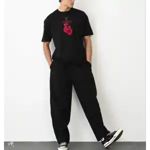 Unisex Bisiklet Yaka Baskılı Oversize T-Shirt - Siyah