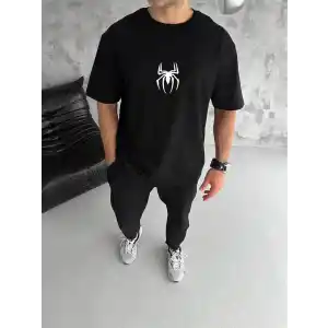 Unisex Bisiklet Yaka Baskılı Oversize T-Shirt - Siyah