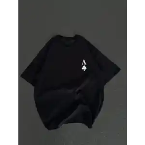 Unisex Bisiklet Yaka Baskılı Oversize T-Shirt - Siyah