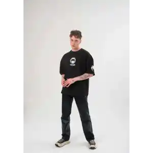 Unisex Bisiklet Yaka Baskılı Oversize T-Shirt - Siyah