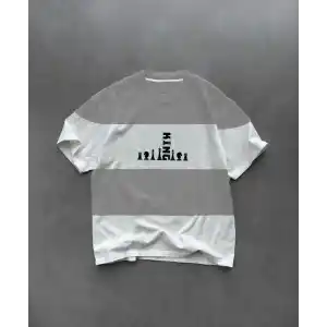 Unisex Bisiklet Yaka Baskılı Parçalı Oversize T-Shirt - Gri