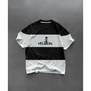 Unisex Bisiklet Yaka Baskılı Parçalı Oversize T-Shirt - Siyah