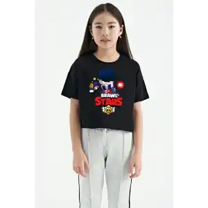 Unisex Bisiklet Yaka Kısa Kol Baskılı Çocuk T-Shirt - Siyah