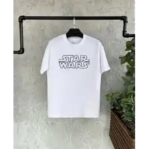 Unisex Bisiklet Yaka Kısa Kol Baskılı T-Shirt - Beyaz