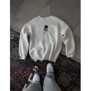 Unisex Bisiklet Yaka Ön Ve Arka Baskılı SweatShirt - Beyaz