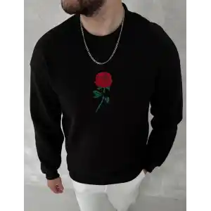Unisex Bisiklet Yaka Ön Ve Arka Baskılı SweatShirt - Siyah