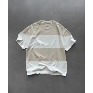 Unisex Bisiklet Yaka Parçalı T-Shirt - Bej