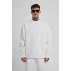 Unisex Biskilet Yaka Üç İplik SweatShirt - Beyaz