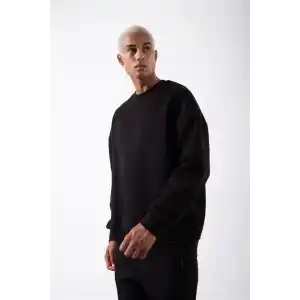 Unisex Biskilet Yaka Üç İplik SweatShirt - Siyah