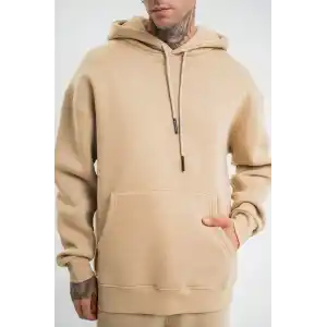 Unisex Double Oversize Kapşonlu Basic SweatShirt - Bej