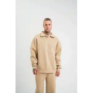Unisex Double Oversize Patlı Yaka SweatShirt - Bej