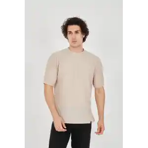 Unisex Jakar Kumaş Rahat Kol T-Shirt - Bej
