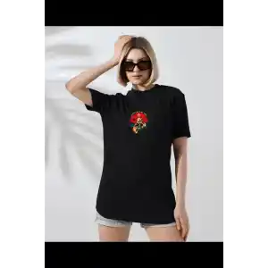 Unisex Kadın Bisiklet Yaka Baskılı T-Shirt - Siyah