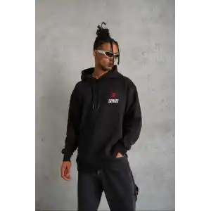 Unisex Kapşonlu Baskılı Sweetshirt - Siyah