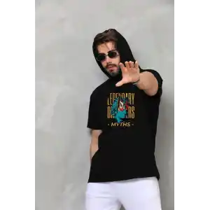 Unisex Kapşonlu Kolsuz Oversize Baskılı Tişört - Siyah