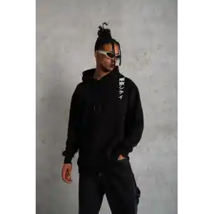 Unisex Kapşonlu Uzun Kol Baskılı Sweetshirt - Siyah