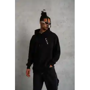 Unisex Kapşonlu Uzun Kol Baskılı Sweetshirt - Siyah