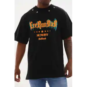 Unisex Kuşgözü Detaylı Baskılı Oversize T-Shirt - Siyah