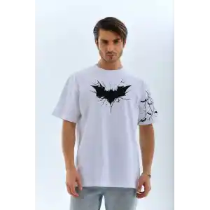 Unisex Ön ve Kol Baskılı Oversize T-shirt - Beyaz